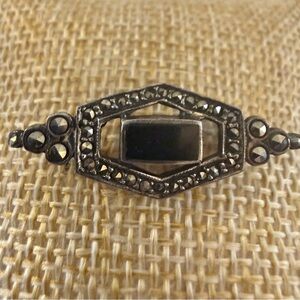 Art Deco Sterling Silver Marcasite Onyx Brooch Pin PRETTY